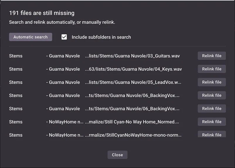 Missing WAV and MIDI file dialog