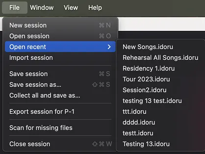 Ouverture d’une session récente depuis le menu File