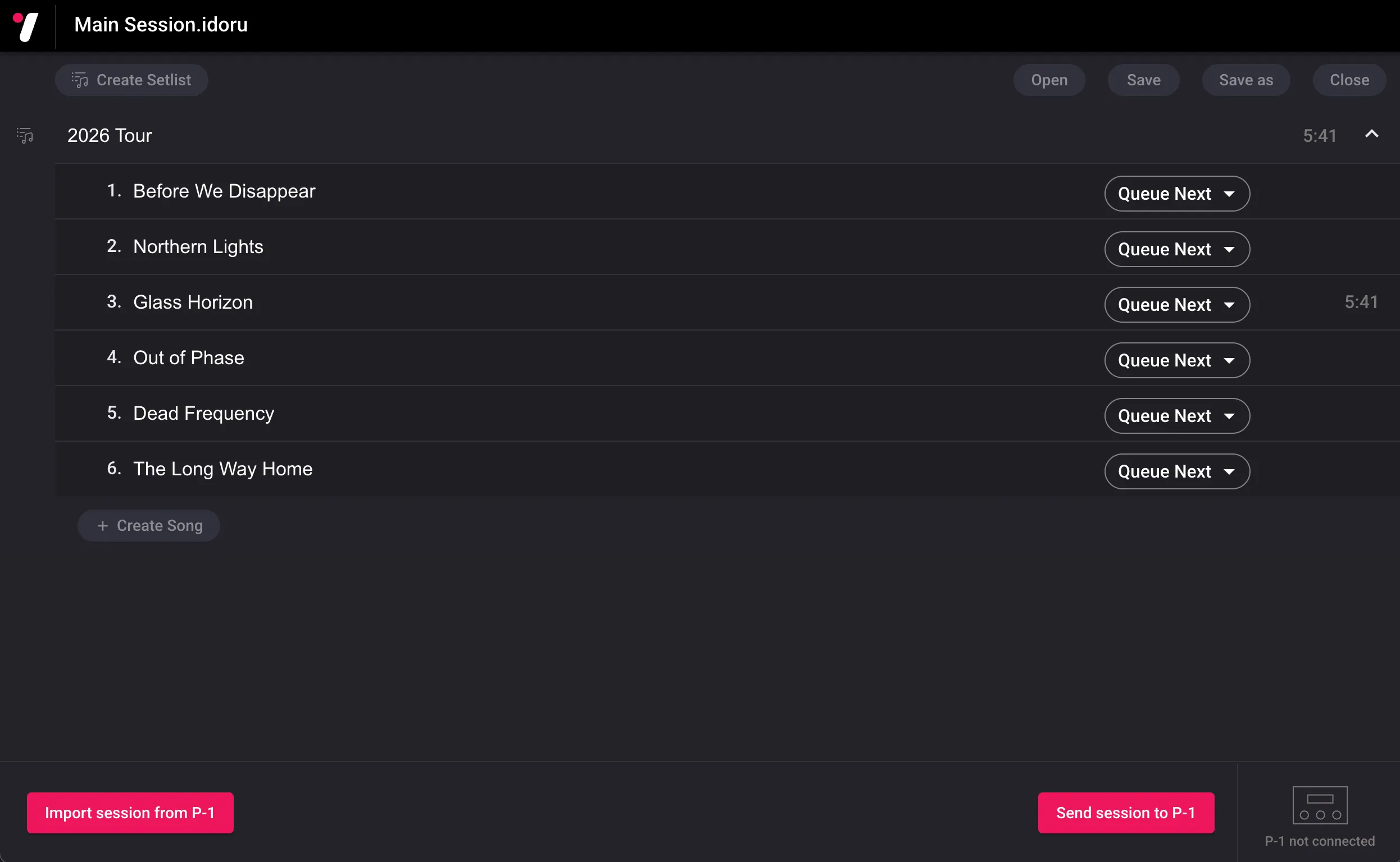 Vue Setlist du logiciel Idoru